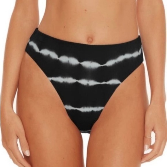 Becca Danielle Tie-Dye High Waist Bikini Bottom In Black & White Size Large Nwt